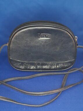 VTG V SACK Black Oval Crossbody Bag Faux Leather Croc Trim Camera Bag 90s